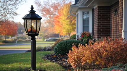 A decorative garden lantern standing on the edge of a front yard.