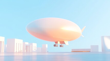 Naklejka premium A soft-colored blimp floats above minimalist city buildings, set against a bright blue sky, creating a serene and futuristic atmosphere.