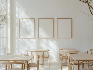 A bright Scandinavian dining area with light wood furniture, white walls, and three square empty frames reflecting soft daylight --ar 4:3 --v 6.1 Job ID: 0d7177bf-215a-4780-90b8-c174c09775a6