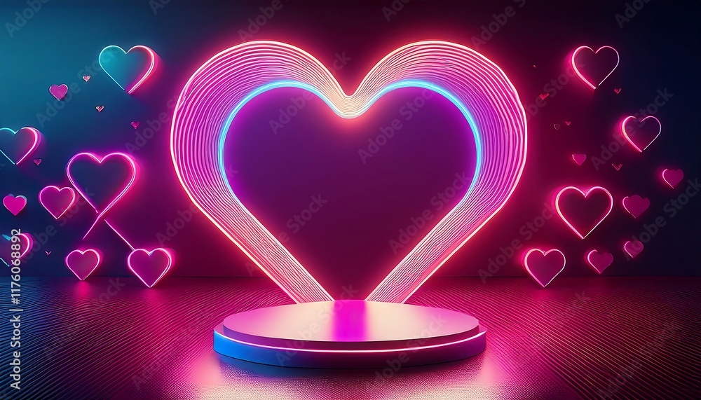 Poster a layered neon heart outline on a textured floor with a dark gradient background