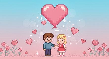 Pixel Art Couple Holding Heart Balloon, Valentine's Day Romance