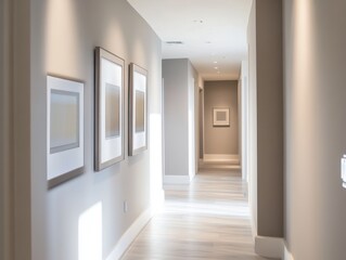 Fototapeta premium A hallway with a white wall and a white floor