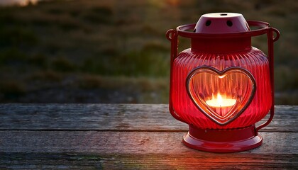 A lit red lantern with a heart-shaped cutout sits on a weathered wooden surface.
