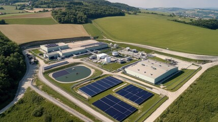 Aerial View of Solar Energy Farm and Industrial Facility in Green Rural Landscape with Solar Panels, Vast Fields, and Sustainable Energy Solutions