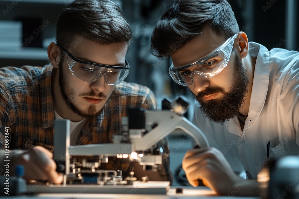 Aufkleber two men examining a device under a microscope in a lab setting.