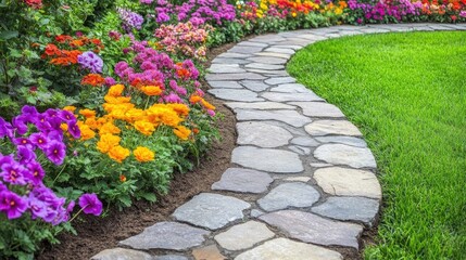 Obraz premium A front lawn with a natural stone walkway curving through a garden.