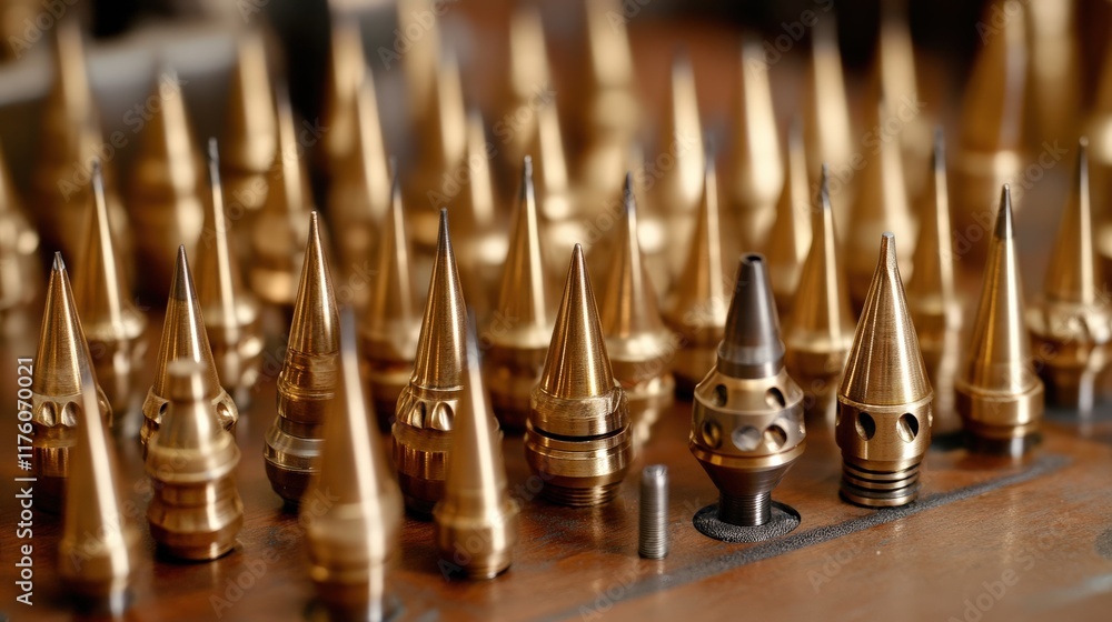 Poster collection of brass tools with sharp points arranged on a wooden surface, showcasing precision engin