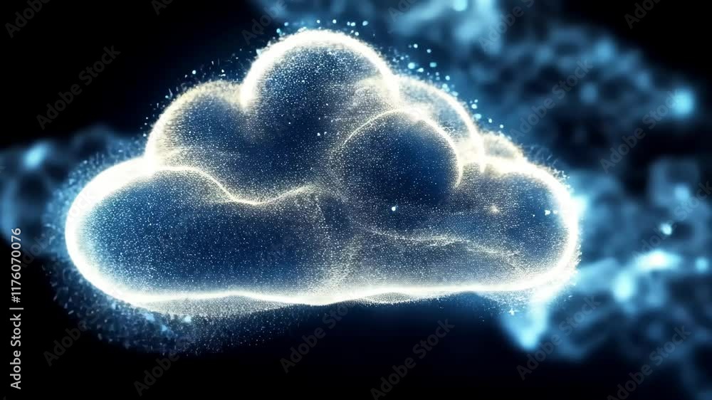 Poster digital cloud visualization with glowing particles against a dark background depicting modern techno