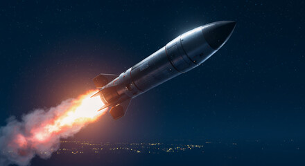 Obraz premium Powerful Missile Launch at Night: Dramatic Space Flight Image