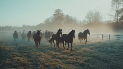 Naklejka premium A herd of horses galloping across a misty morning landscape.