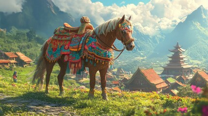 A horse with a richly detailed saddle in a traditional rural setting.