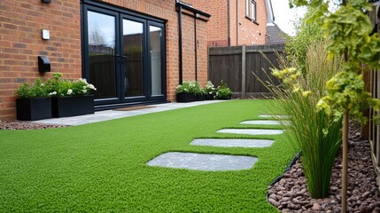 Obraz premium A lush green lawn with decorative stepping stones leading to the entrance.