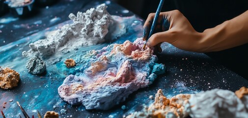 Close-up of an artist's hand meticulously crafting a textured, colorful landscape using modeling paste or clay.  Cosmic palette.