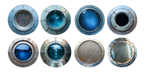 Metal round portholes in ship, submarine or spaceship, set collection, mega bundle, isolated on transparent background