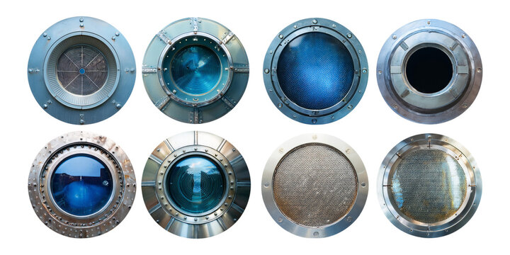 Metal round portholes in ship, submarine or spaceship, set collection, mega bundle, isolated on transparent background