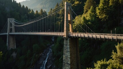 Fototapeta premium stretches across the bridge, with people walking. Sunlight illuminates the scene.