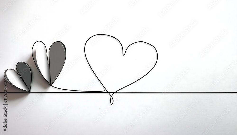 Poster a simple design featuring a continuous line forming a heart outline with two paper hearts on a white