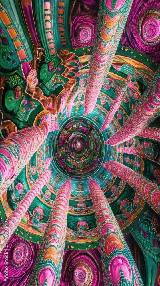 Poster Vibrant and Abstract View of Colorful Pillars in a Surreal Artistic Space, Capturing a Dreamlike Perspective from Ground to Ceiling with Intricate Patterns