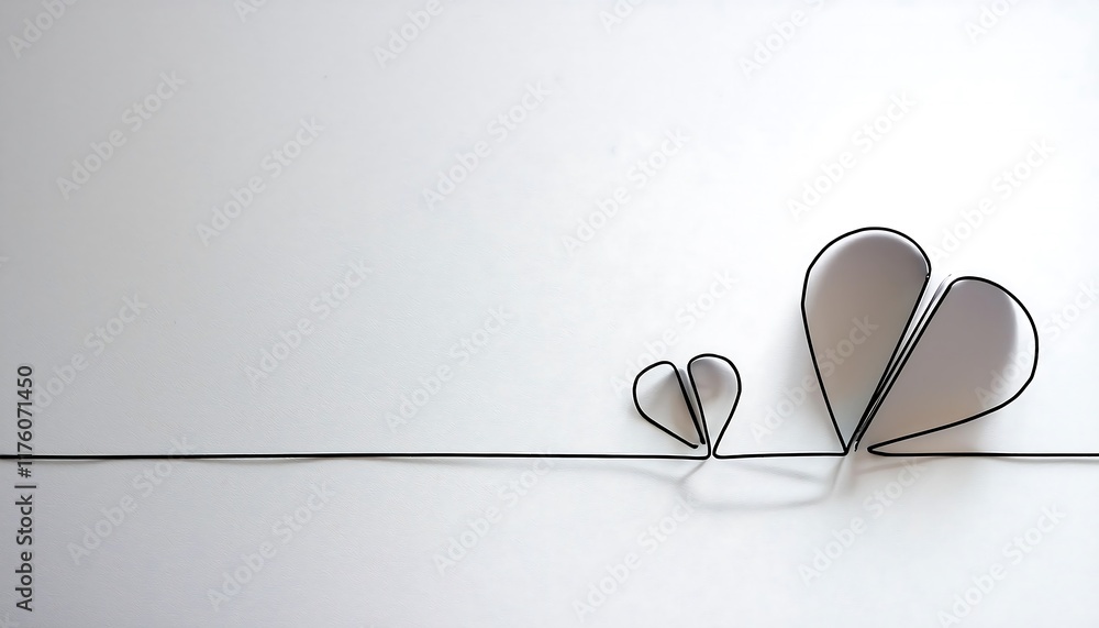 Poster a simple design featuring a continuous line forming a heart outline with two paper hearts on a white