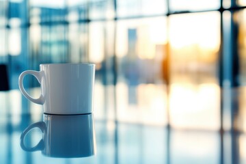 A Simple White Coffee Cup on Reflective Surface with Soft Morning Light and Modern Glass Building in Background Creating a Serene Atmosphere for Morning Routine