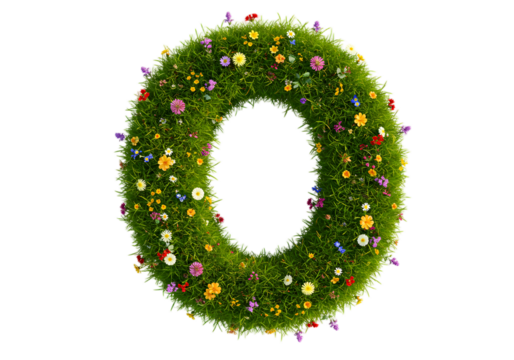 realistic alphabets, Letter O made of grass and flowers png, on transparent background. Suitable for nature or eco-friendly themes