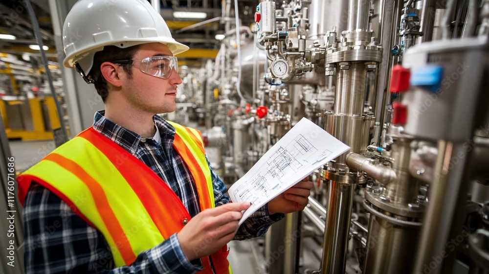 Poster worker examining blueprints in an industrial setting with machinery.