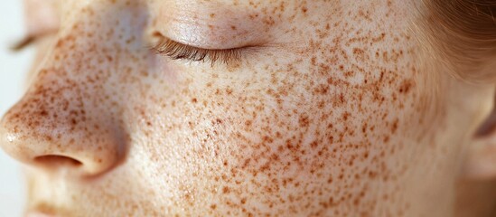 Naklejka premium Close-up of freckled skin with closed eye.