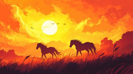 Fototapeta premium A pair of horses silhouetted against a dramatic sunset over rolling hills.