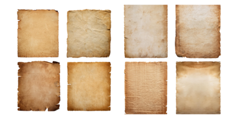 Old parchment paper. ancient paper sheet vintage aged, set collection, mega bundle, isolated on transparent background