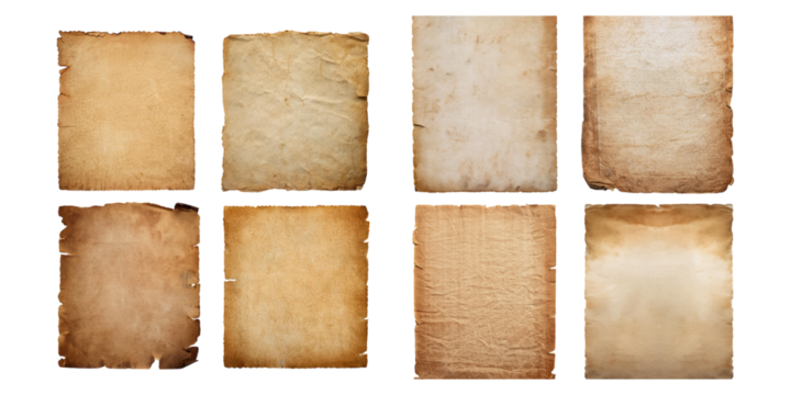 Old parchment paper. ancient paper sheet vintage aged, set collection, mega bundle, isolated on transparent background