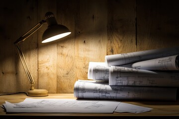 Architectural Blueprints Spread on a Wooden Desk with Illuminated Desk Lamp in a Warm Environment, Perfect for Design and Planning Concepts