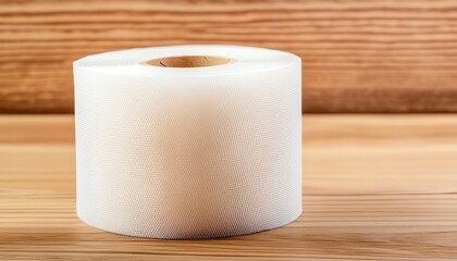 Roll of clear plastic film on a wooden surface.  Perfect for packaging, wrapping, or industrial use. Clean and simple image.