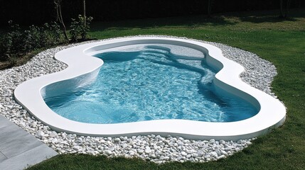 A pool with a cascading water feature and smooth pebble edging.