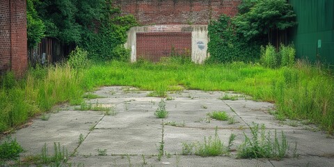 Overgrown urban lot, brick wall background, nature reclaiming space, potential redevelopment.