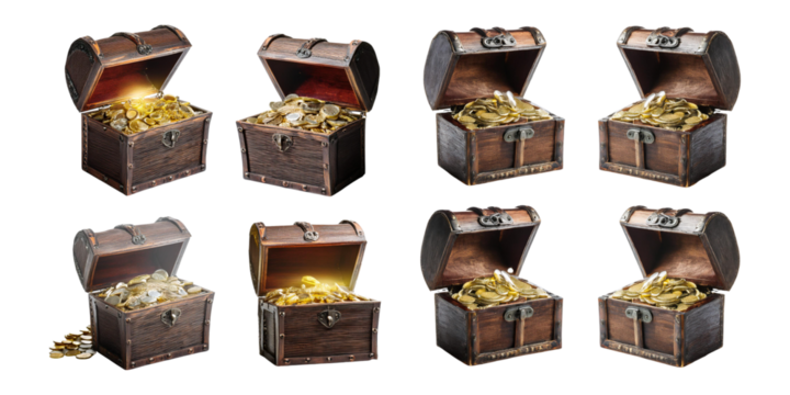 Game open pirate treasure chest with gold, png collection isolated on transparent background