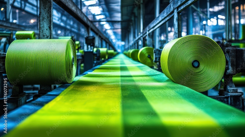 Poster vibrant spools of thread in a textile factory showcasing industrial production and colorful patterns