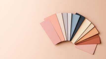 Color palette swatches fan out on pink background, top view.