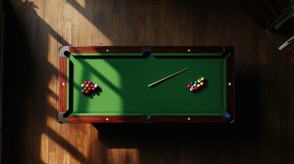 A bird's-eye view of a perfectly set-up snooker table with all balls in place.