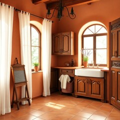 Laundry room interior design. Mediterranean concept laundry room interior design. 3D Rendering interior.