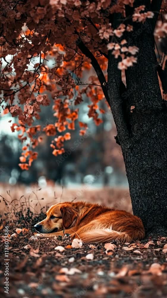Poster golden retriever resting under a tree in autumn with colorful leaves and soft sunlight filtering thr