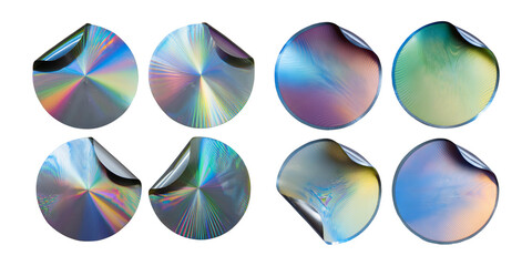 Shiny holographic CD discs in various views isolated on transparent background