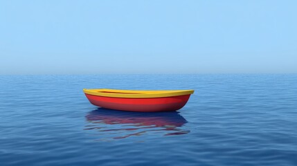Naklejka premium A brightly colored rowboat drifting alone in deep ocean blue.