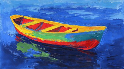 A brightly colored rowboat drifting alone in deep ocean blue.