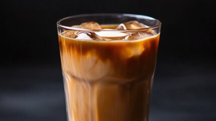 A refreshing glass of iced coffee with cream and ice cubes.