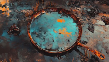 Rustic copper frying pan sits in murky water, reflecting a vibrant teal and orange hue.  A moody, atmospheric image suggesting age and history.