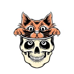 CAT AND SKULL ILLUSTRATION FOR CAT LOVERS