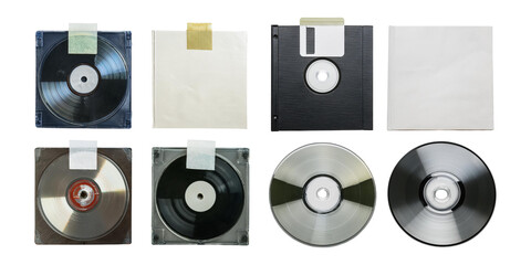 Vintage cd album plastic vinyl cover with paper sticker and price tag, png collection isolated on transparent background