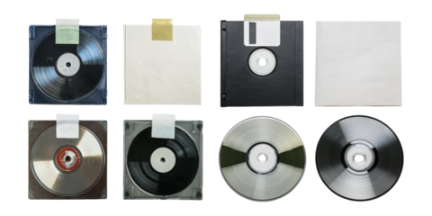 Vintage cd album plastic vinyl cover with paper sticker and price tag, png collection isolated on transparent background