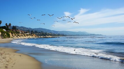 Coastal Serenity: Birds in Flight Over a Tranquil Beachscape