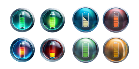 Colorful Battery Icons for Energy Level Indicators, set collection, mega bundle, isolated on transparent background